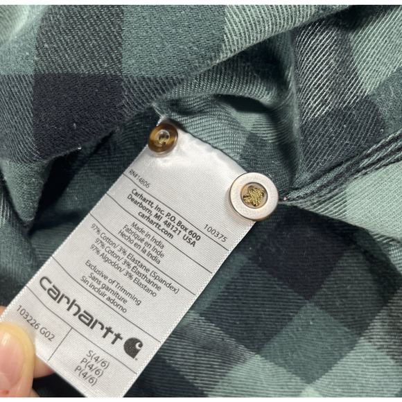 Carhartt Flannel Shirt Womens Small Gingham Plaid Button Up Outdoors Fall Green - Picture 4 of 10